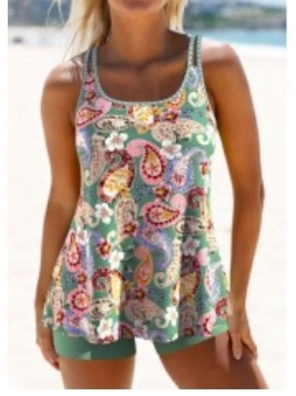 Women’s Paisley Print Tankini Top and Green Swim Skirt Set